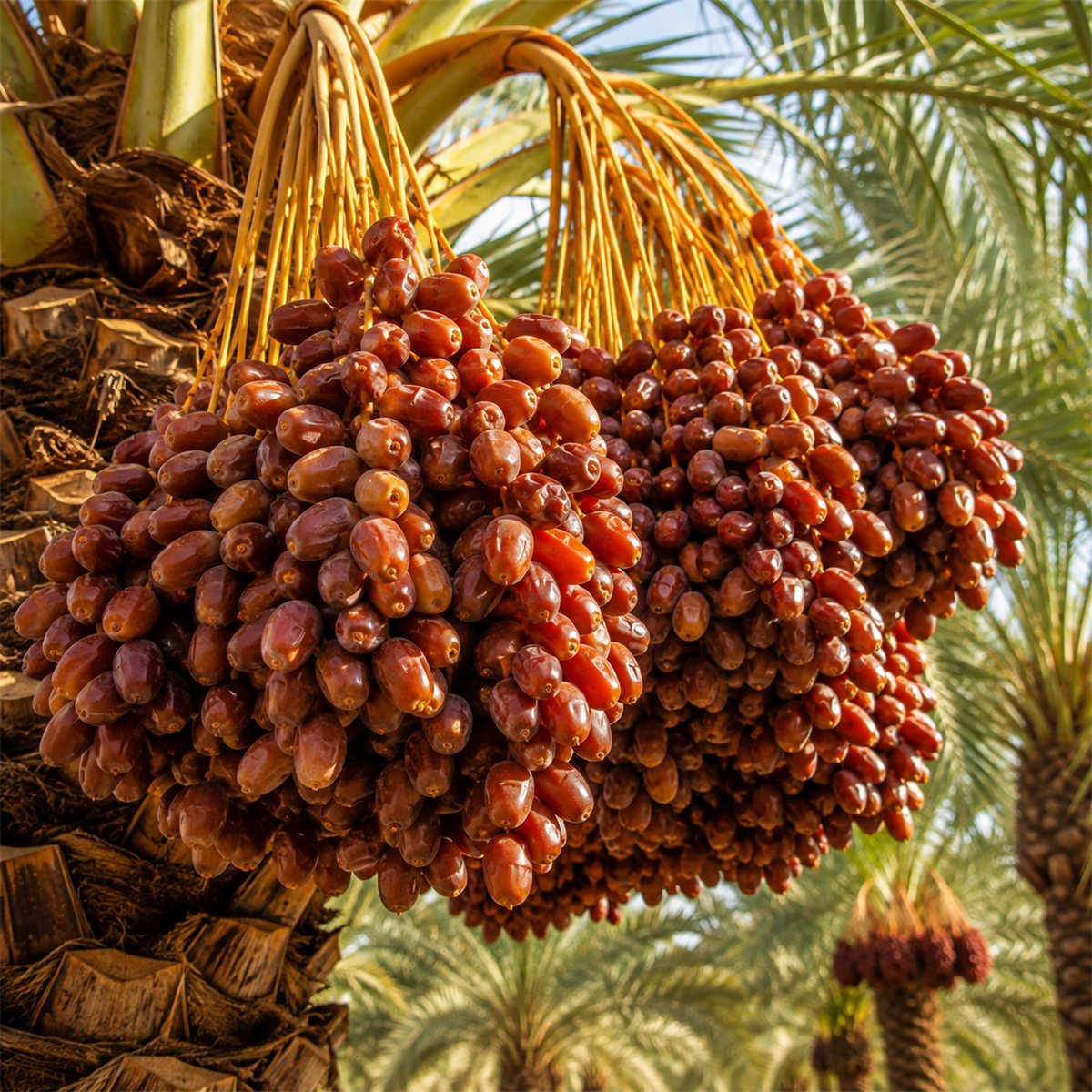 Ripening date bunches hanging from a palm