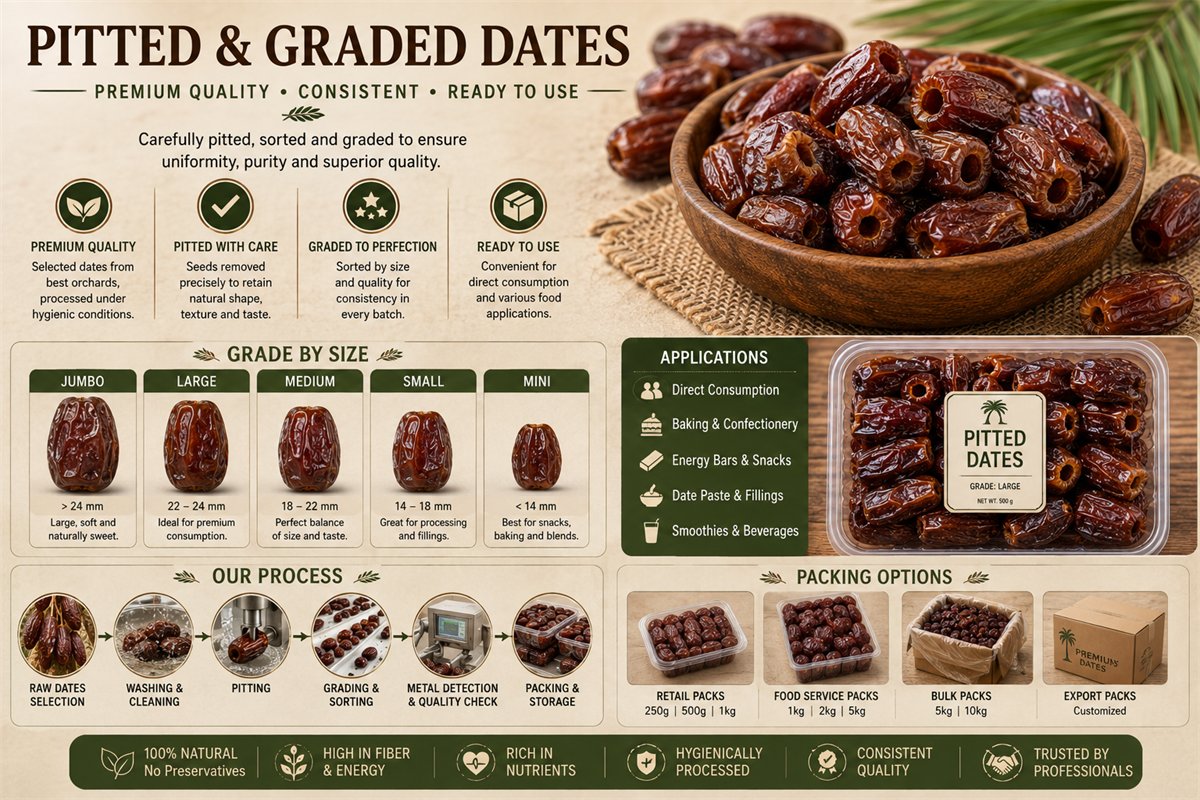 Pitted and graded dates — size grades from jumbo to mini, processing steps and packing options