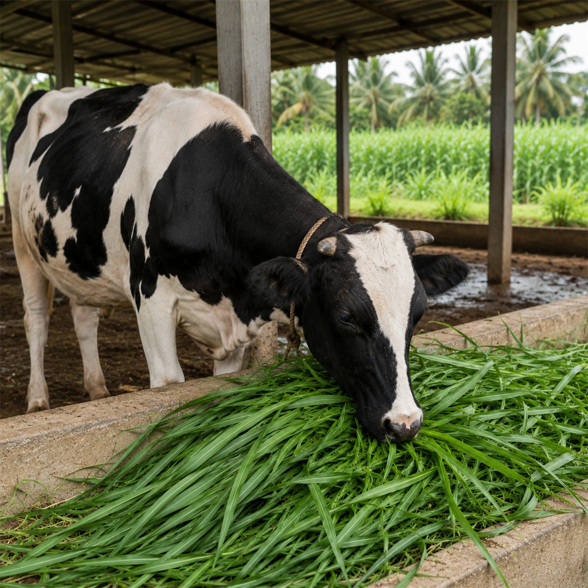Holstein cow feeding on chopped Napier grass at the trough