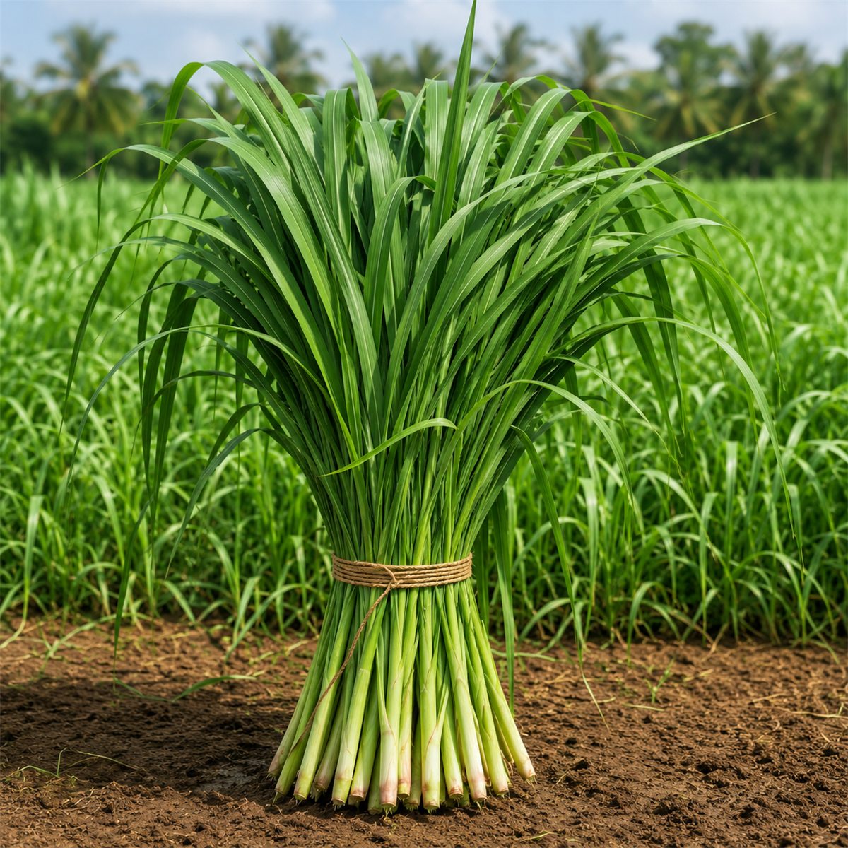 Freshly cut Napier grass tied into a sheaf at the field edge